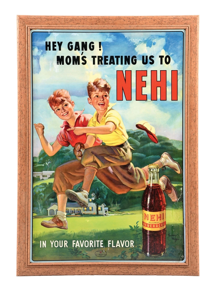 CARDBOARD NEHI SODA POP SIGN W/ KIDS PLAYING BASEBALL GRAPHIC