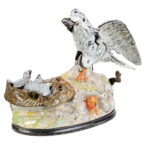 J. & E. STEVENS EAGLE & EAGLETS CAST IRON MECHANICAL BANK