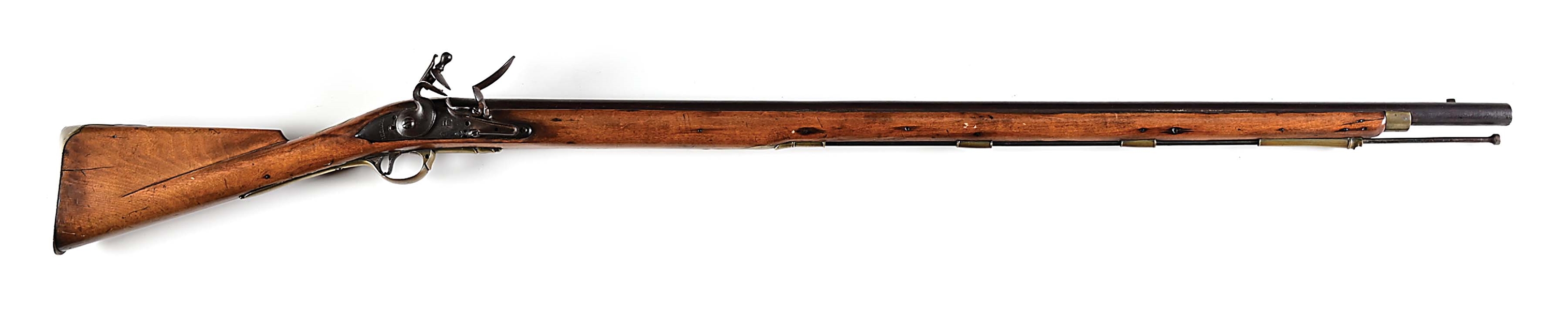 (A) AMERICAN STOCKED PATTERN SHORT LAND BROWN BESS FLINTLOCK MUSKET.