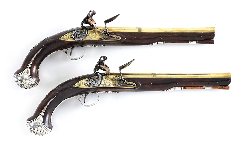 (A) FINE PAIR OF BRITISH SILVER MOUNTED FLINTLOCK OFFICERS PISTOLS BY BARBER WITH BRASS LOCKS AND BARRELS..