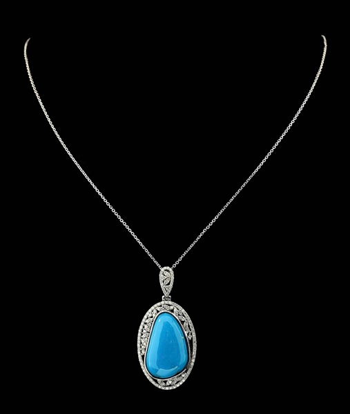 PLATINUM TURQUOISE AND DIAMOND PENDANT W/ CHAIN