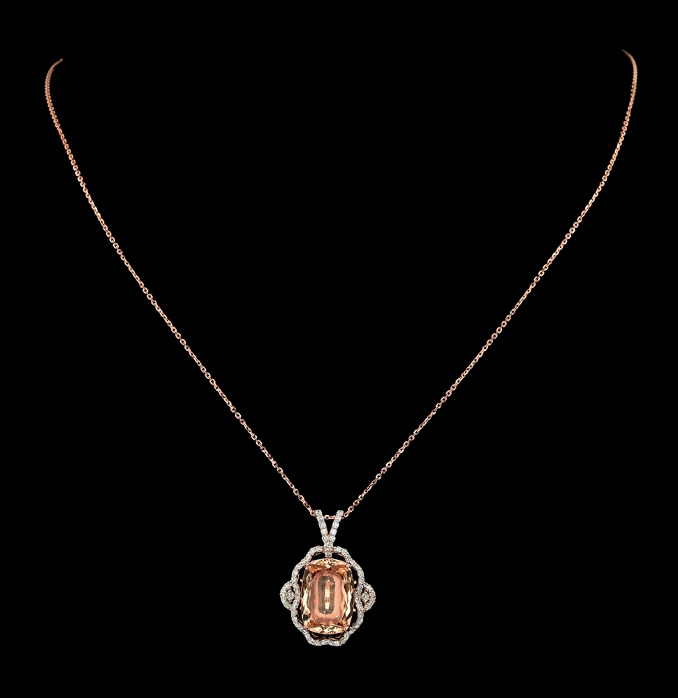 14K ROSE GOLD MORGANITE AND DIAMOND PENDANT W/ CHAIN