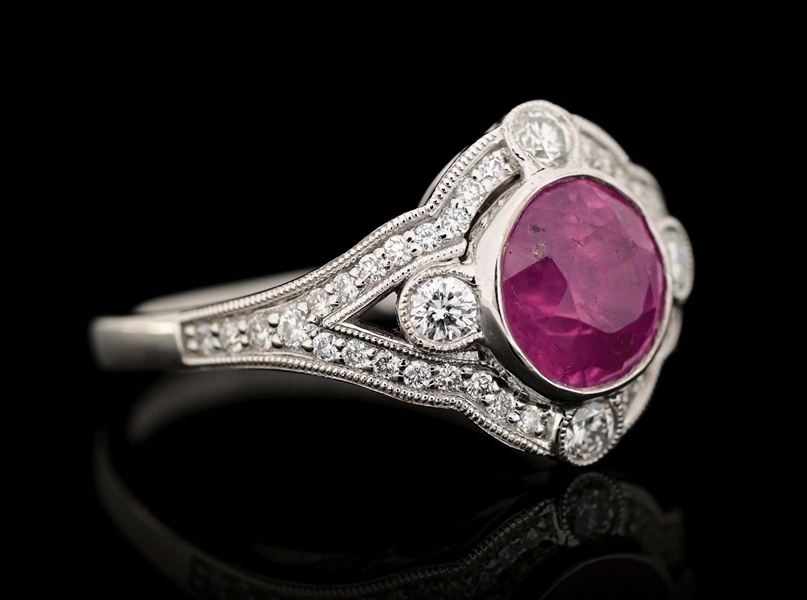 PLATINUM BURMESE PINK SAPPHIRE AND DIAMOND RING W/ GIA REPORT