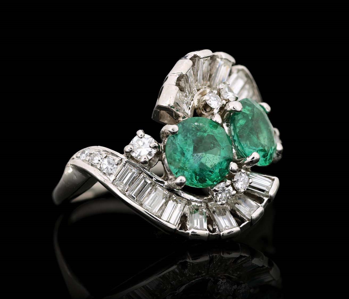 PLATINUM EMERALD AND DIAMOND RING W/ REPORT