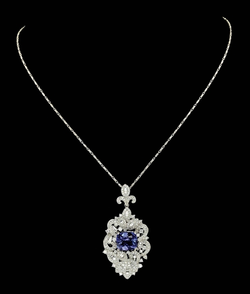 14K WHITE GOLD TANZINITE AND DIAMOND PENDANT W/ CHAIN