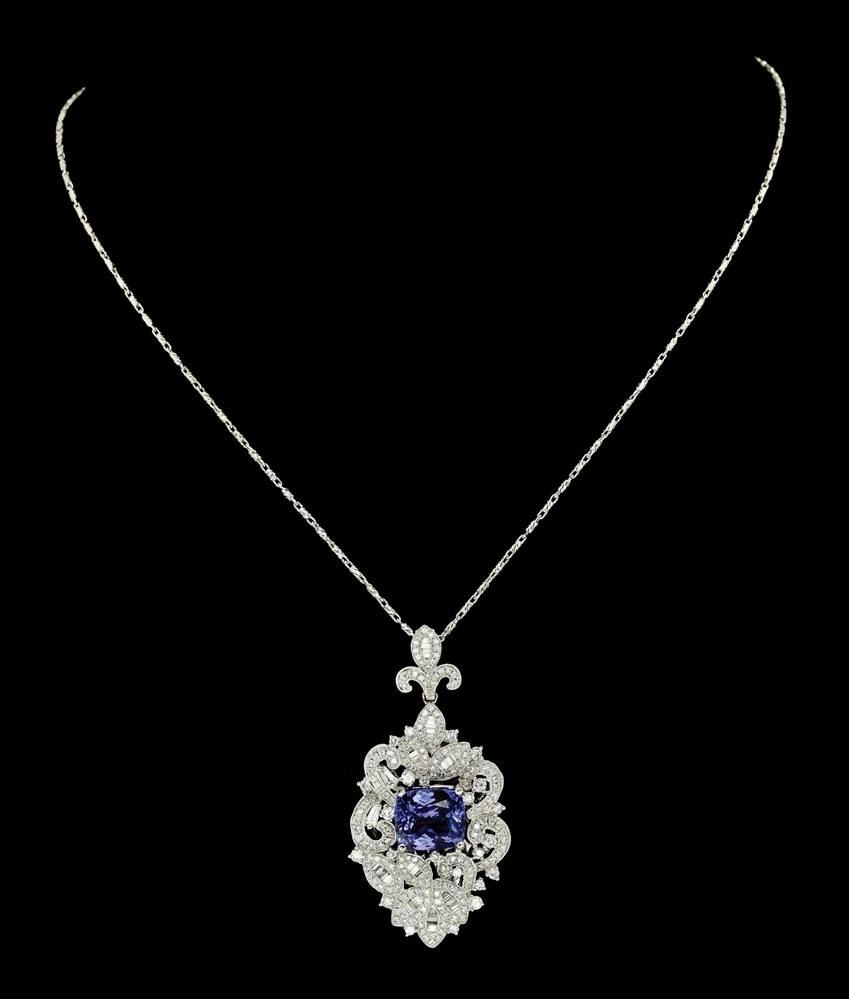 14K WHITE GOLD TANZINITE AND DIAMOND PENDANT W/ CHAIN