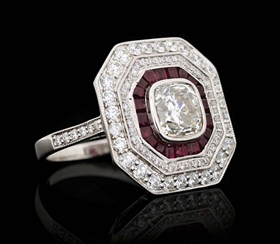 18K WHITE GOLD DIAMOND AND RUBY RING W/ REPORT