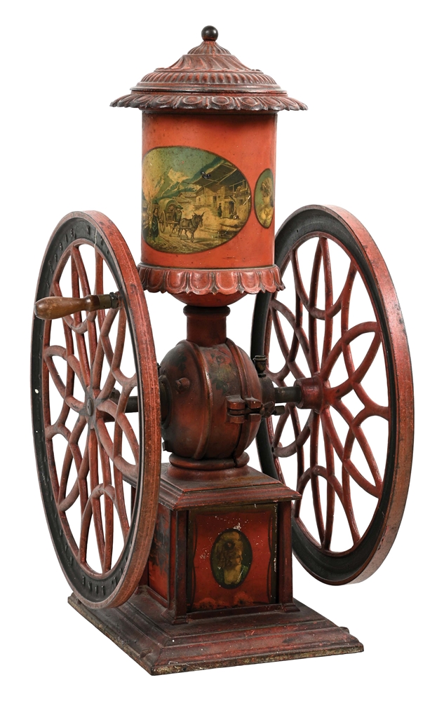 LARGE PAINTED CAST IRON COFFEE GRINDER.