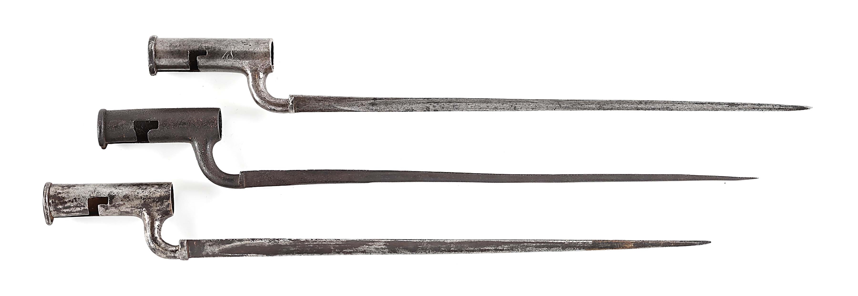 LOT OF 3: BRITISH LAND PATTERN MUSKET BAYONETS CIRCA 1755-1781.