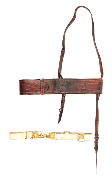 AN EARLY AMERICAN RED MOROCCO SWORDBELT & BRIT YEOMANRY WAISTBELT.