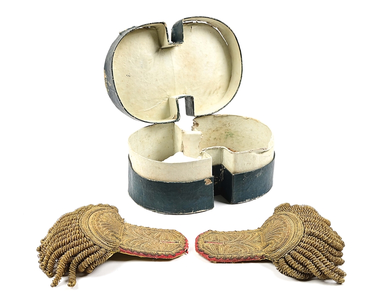 PAIR OF AMERICAN ARTILLERY EPAULETTES WITH ORIGINAL BOX, WAR OF 1812 ERA..