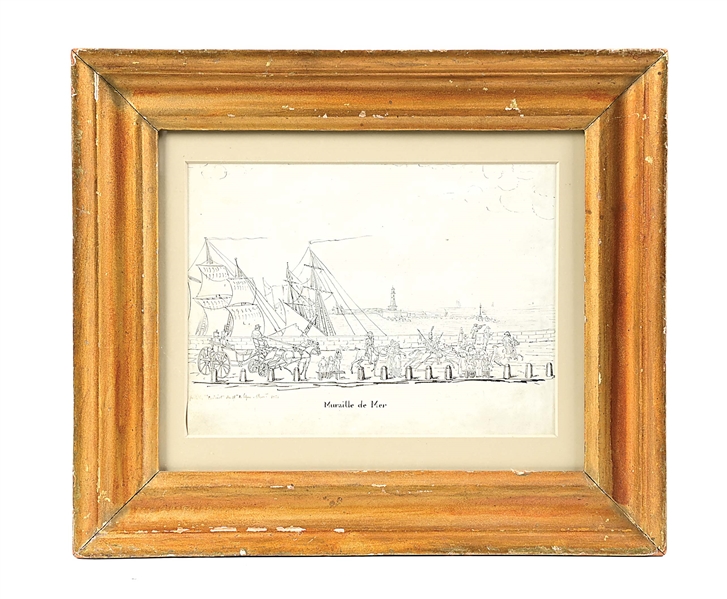 OUDINOT INK DRAWING OF THE PORT OF BARCELONA, 1825.