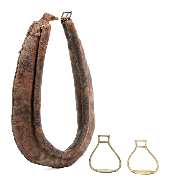 A PAIR OF 18TH C. BRASS STIRRUP "IRONS" AND A HORSE COLLAR 