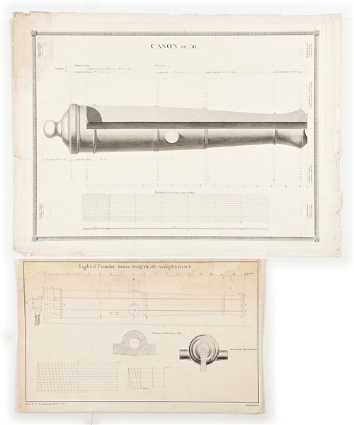 1812 BRITISH 6 POUNDER CANNON DRAWING & 1788 FRENCH 18 POUNDER PRINT.