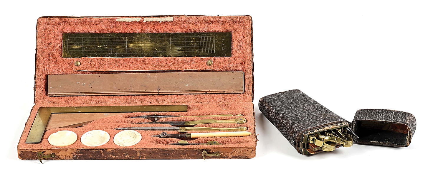 2 CASED SETS OF 18TH CENTURY DRAWING AND MAPPING TOOLS.