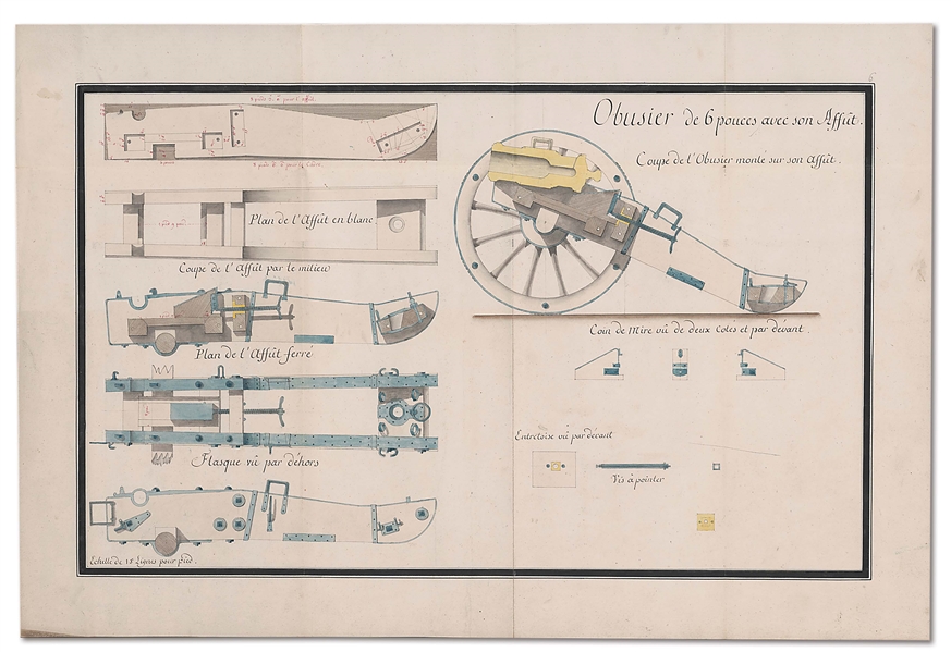 MANUSCRIPT FRENCH ARTILLERY MANUAL WITH WATERCOLOR AND INK PLATES OF GRIBEAUVAL SYSTEM ARTILLERY, C. 1765.