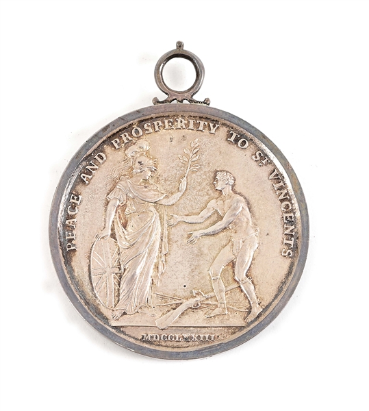 1773 SILVER CARIB WAR MEDAL AND ENGRAVING OF THE TREATY CEREMONY..