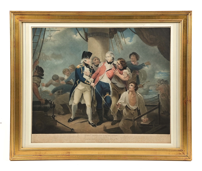 NAPOLEONIC ERA HAND-C0LORED PRINT OF CAPTAIN TROLLOPE IN HMS GLATTON, 1797.