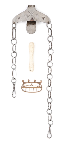 18TH CENTURY SWORD-HANGER, NECKSTOCK BUCKLE AND HAIR ROLLER.