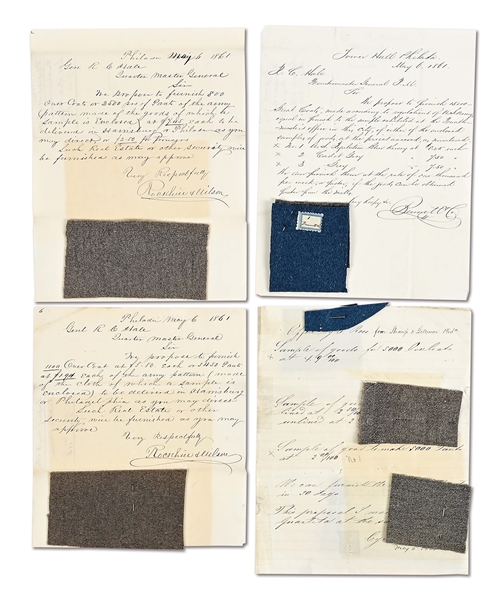 1861 ARCHIVE OF CIVIL WAR UNIFORM CLOTH SAMPLES W/ CORRESPONDENCE.