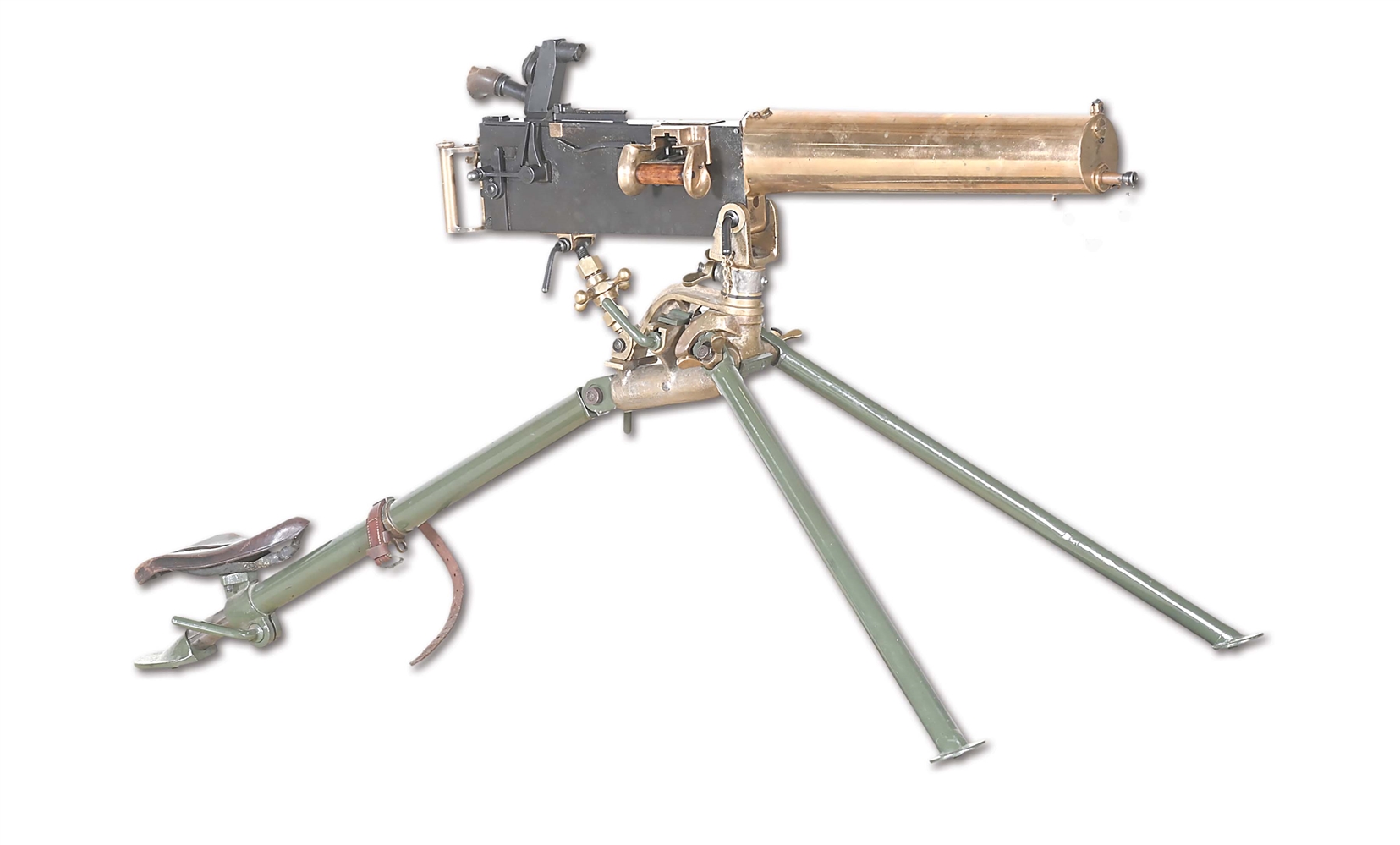 (N) ABSOLUTELY FABULOUS DWM ARGENTINE BRASS MAXIM MACHINE GUN WITH OPTIC AND TRIPOD (CURIO & RELIC).