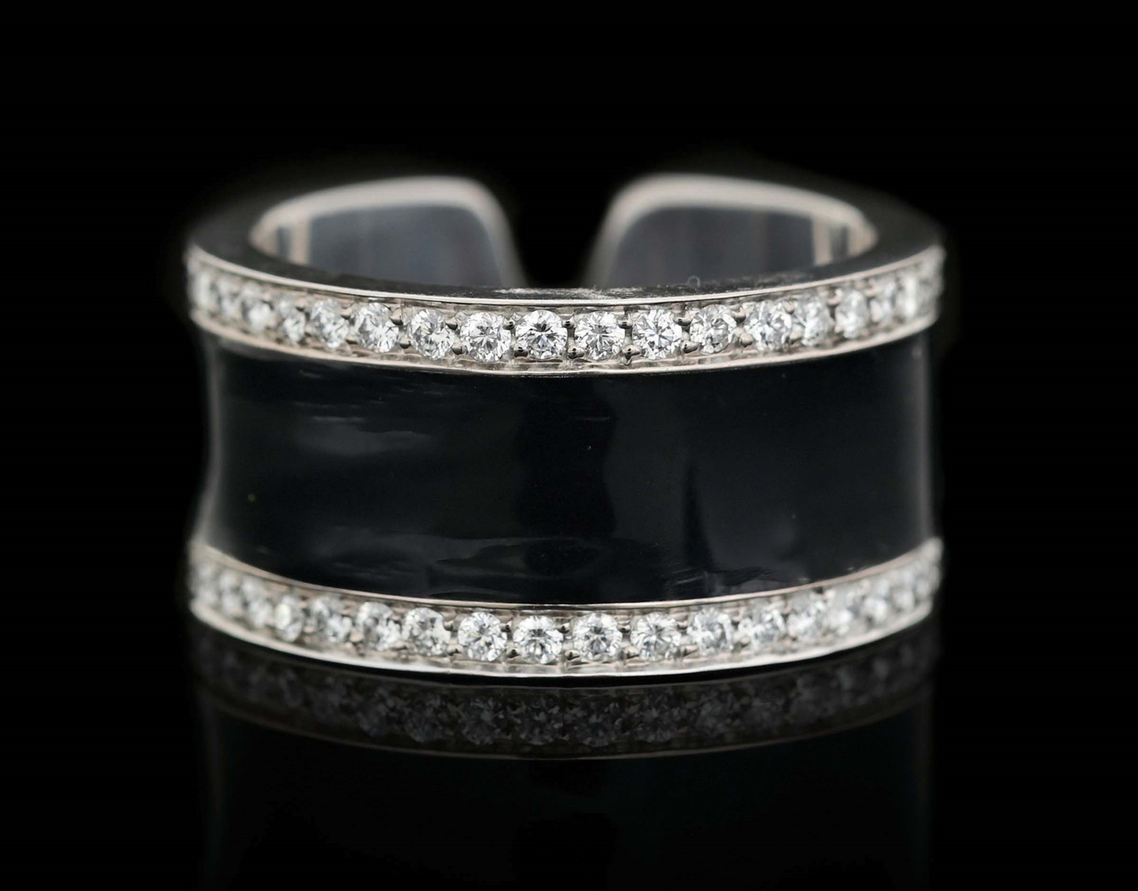 18K WHITE GOLD CARTIER DIAMOND AND BLACK ENAMEL RING