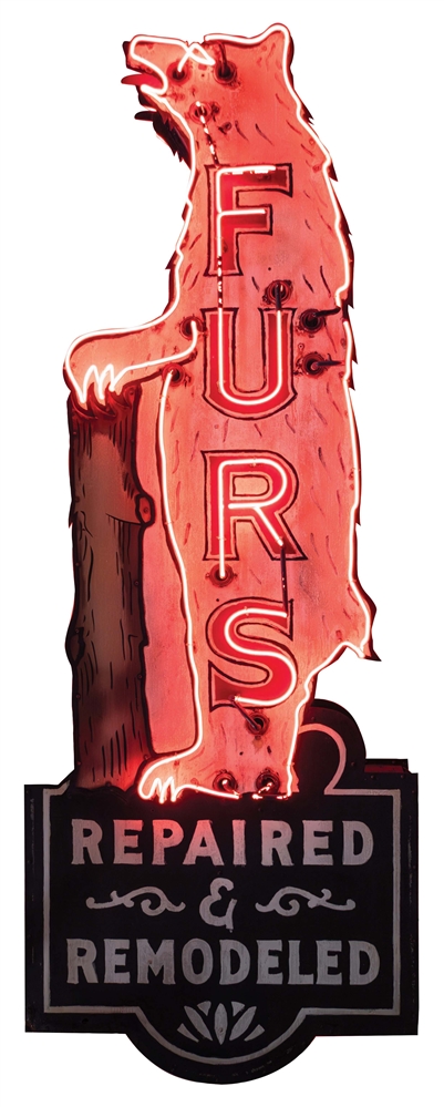 FURS DOUBLE-SIDED PAINTED METAL NEON SIGN W/ BEAR GRAPHIC