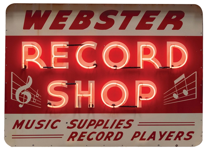 WEBSTER RECORD SHOP DOUBLE-SIDED PORCELAIN NEON SIGN W/ MUSICAL NOTES GRAPHIC