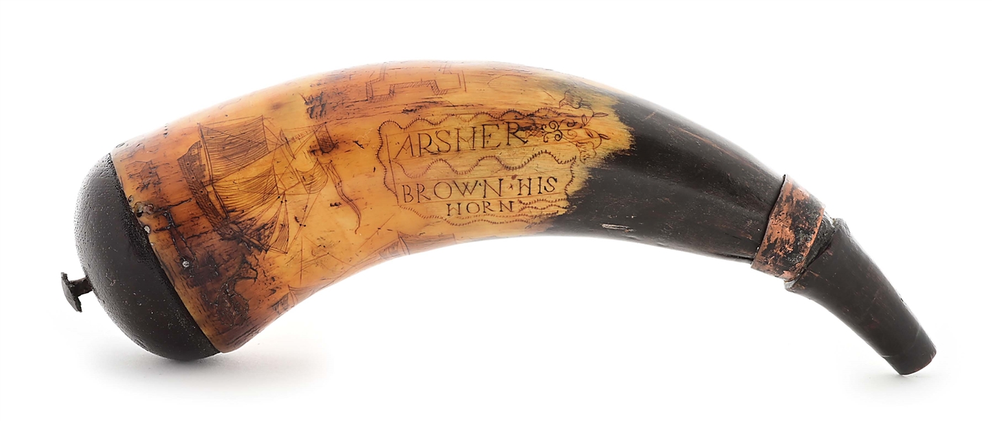 1776 DATED ENGRAVED REVOLUTIONARY WAR PISTOL POWDER HORN OF ARSHER BROWN, NEW JERSEY, EX . BILL GUTHMAN.