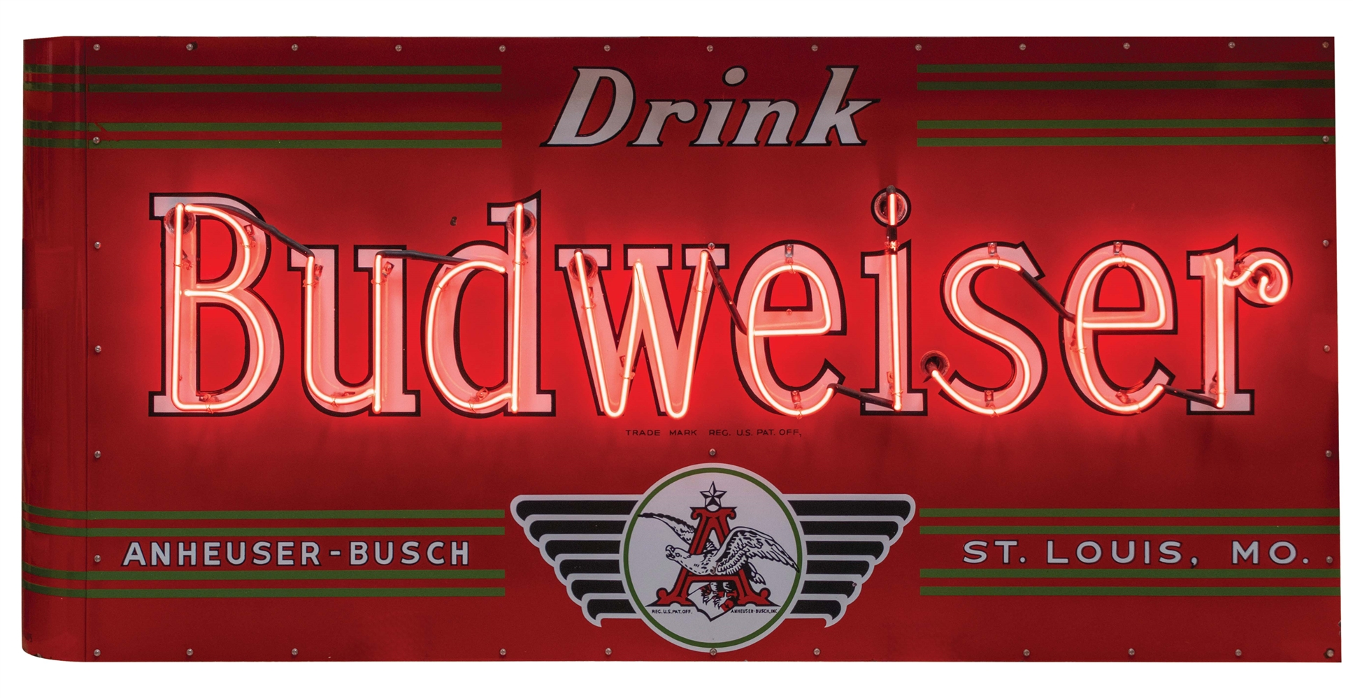 DRINK BUDWEISER PORCELAIN NEON SIGN W/ BEER INSCRIBED BULLNOSE