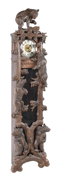 MONUMENTAL BLACK FOREST CARVED 2-PANEL GRANDFATHER CLOCK WITH 4 BEARS AND PINE TREE