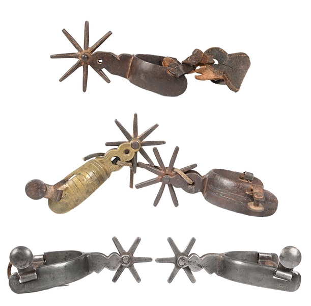 MISS MATCHED MEXICAN CHARRO SPURS, SINGLE CHARRO SPUR, AND KELLY BROS STAMPED SPURS.