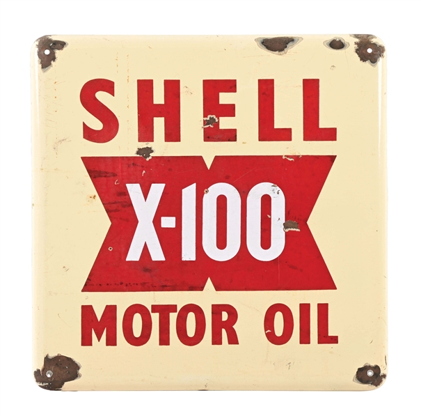 Lot Detail - SHELL X-100 MOTOR OIL PORCELAIN SERVICE STATION SIGN.