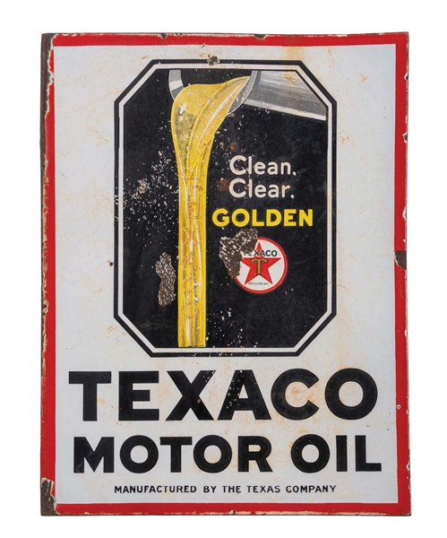 TEXACO MOTOR OIL FLANGE SIGN W/ OIL SPILL GRAPHIC