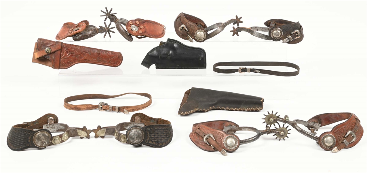 LOT OF 9: 4 PAIRS OF SPURS, 3 HOLSTERS, AND 2 HAT BANDS.