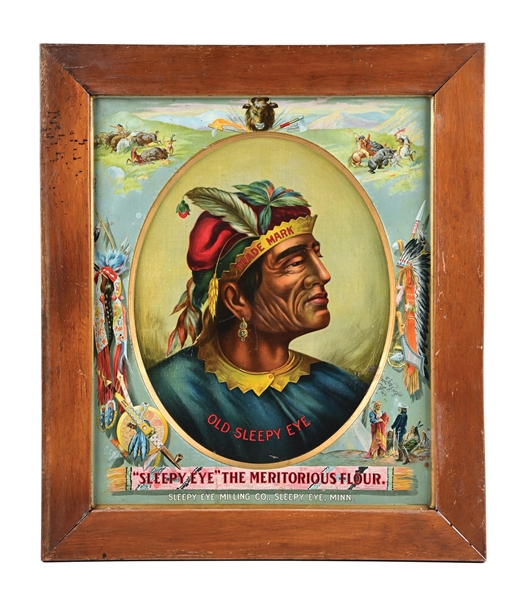 OLD SLEEPY EYE FLOUR SIGN W/ NATIVE AMERICAN GRAPHIC. 