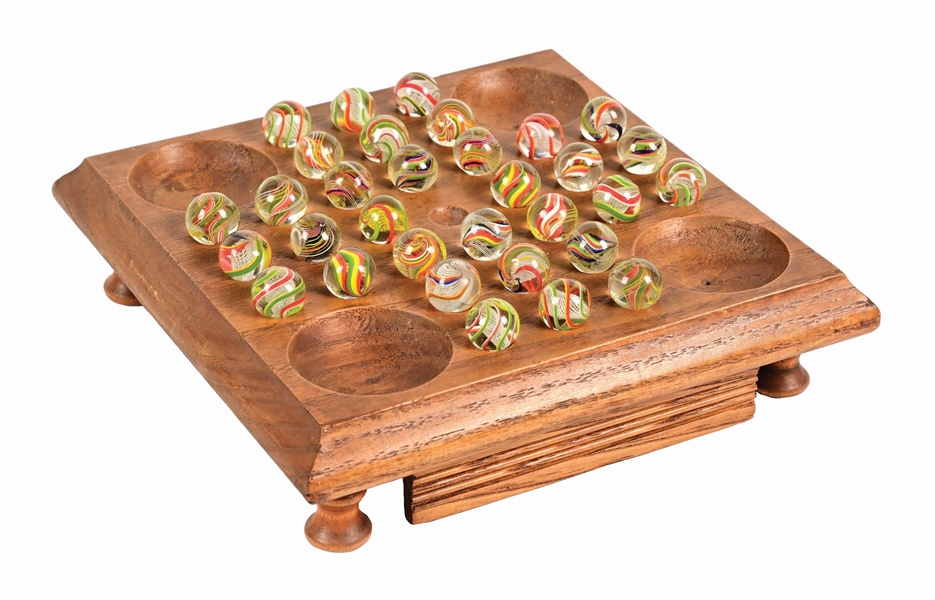 SOLITAIRE GAME BOARD WITH ENGLISH SWIRL MARBLES