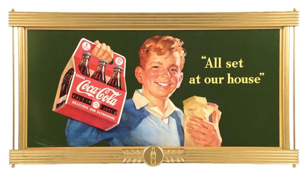 DRINK COCA-COLA "ALL SET AT OUR HOUSE" FRAMED CARDBOARD POSTER