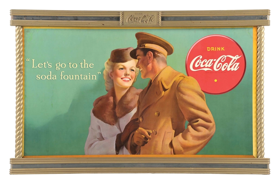 BEAUTIFUL COCA-COLA "LET'S GO TO THE SODA FOUNTAIN" FRAMED CARDBOARD