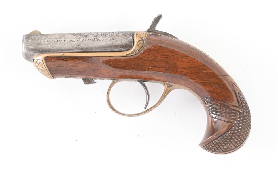 (A) WILLIAMSON DERRINGER SINGLE SHOT PISTOL WITH PERCUSSION SLEEVE.