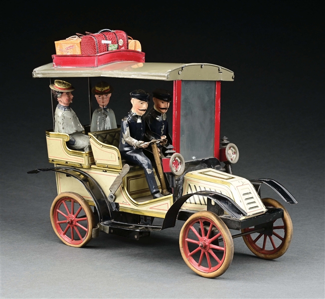 CARETTE TIN LITHO CLOSED 4-SEAT CAR W/ HAND-PAINTED FIGURES