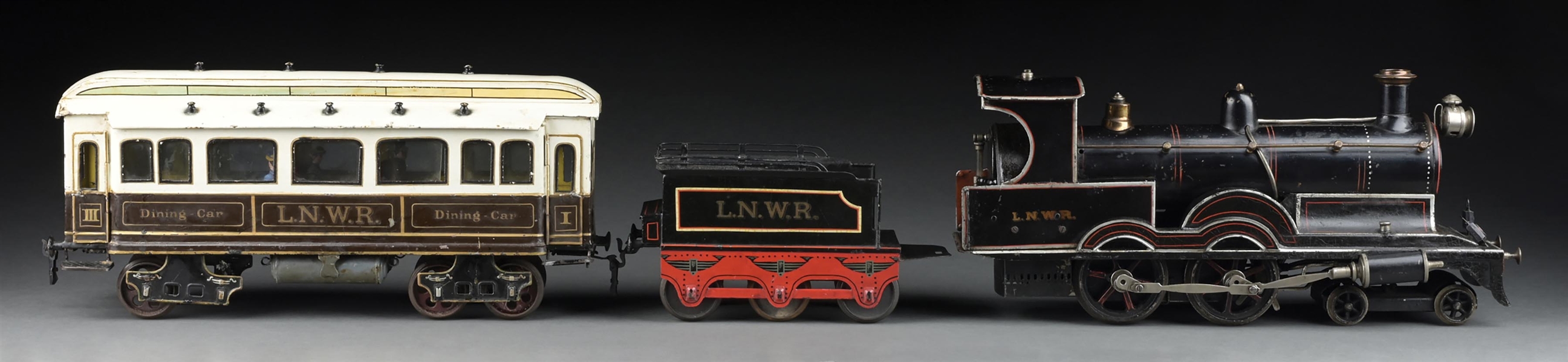 RARE MARKLIN HAND-PAINTED III GA. LIVE STEAM L.N.W.R. LOCOMOTIVE, TENDER & DINING CAR