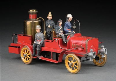 EARLY GERMAN HAND-PAINTED BING CLOCKWORK FIRE PUMPER TOY