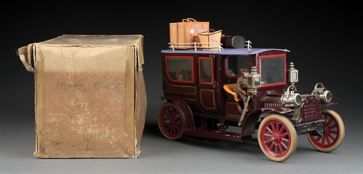 OUTSTANDING CARETTE HAND-PAINTED CLOCKWORK LIMOUSINE W/ ORIGINAL BOX IN SCARCE MAROON COLOR