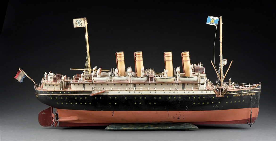 MARKLIN HAND-PAINTED CLOCKWORK "GEORGE WASHINGTON" 4-STACK OCEAN LINER