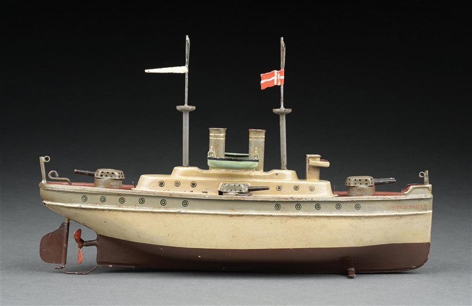 MARKLIN CAT. REF. 5107/29 SMALL SIZE HAND-PAINTED CLOCKWORK-POWERED "PETER SKRAM" GUNBOAT