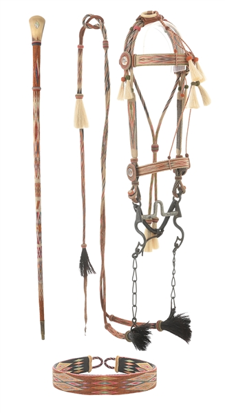 HITCHED HORSEHAIR WALLA WALLA PRISON BRIDLE, HATBAND AND CANE