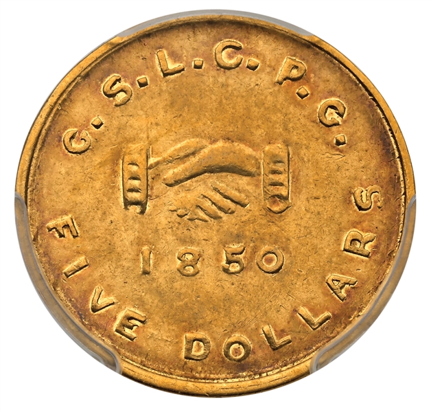 1850 $5 MORMON FIVE DOLLAR AU53 PCGS. 