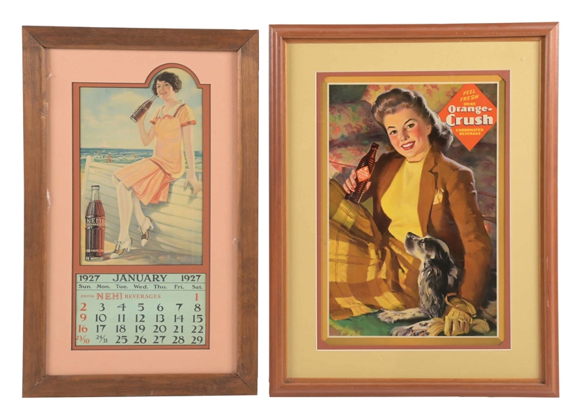 COLLECTION OF 2 ORANGE CRUSH AND NEHI FRAMED SIGN & CALENDAR