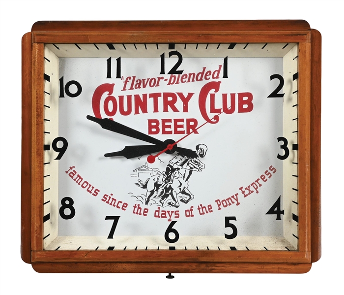 RARE COUNTRY CLUB BEER ADVERTISING CLOCK W/ HORSE & RIDER GRAPHIC